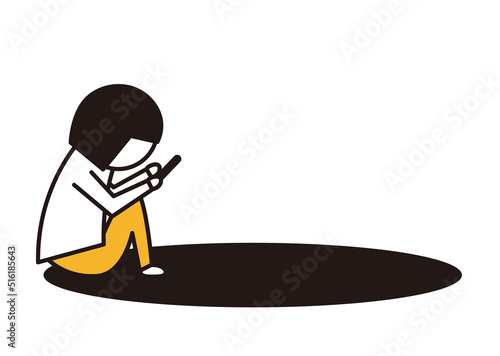 座ってスマホを見る少女と影_線画イラスト_黒と黄色