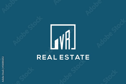 Letter VR square line with building logo design, creative monogram logo style for real estate company