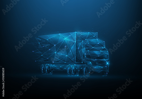 logistics low poly wireframe on blue dark background. delivery truck consist of lines, dots and triangle. business worldwide shipping. cargo technology. vector illustration fantastic digital design.