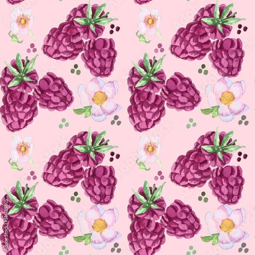 Watercolor hand drawing, vector, pattern, background, wallpaper, seamless, raspberry, flowers, dots, blobs, leaves, berry