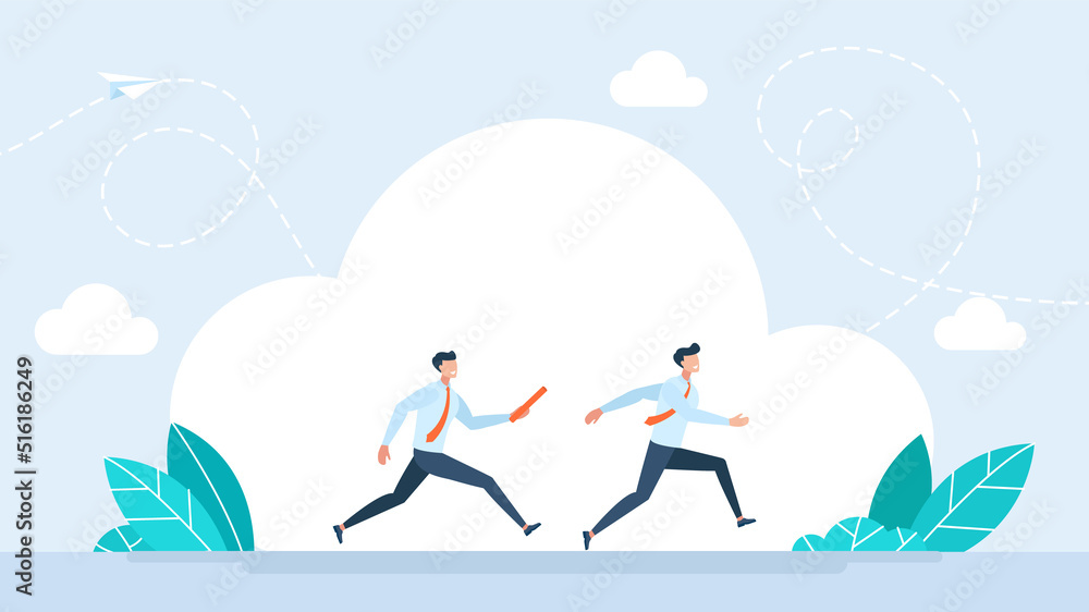 Business baton pass, relay, job handover or partnership and teamwork. Two businessman passing the baton running a relay race. Businessmen colleagues partner while running. Team. Vector illustration - obrazy, fototapety, plakaty 