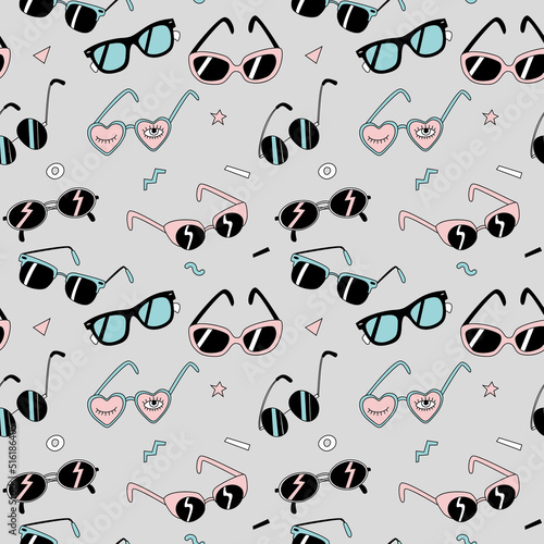 Seamless pattern with cute cartoon style glasses and sunglasses