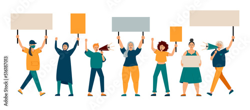 Women support protest. Group of women protesting and vindicating their rights holding banners, megaphones and placards. Female march for rights. Protest of an aggressive person at a political meeting