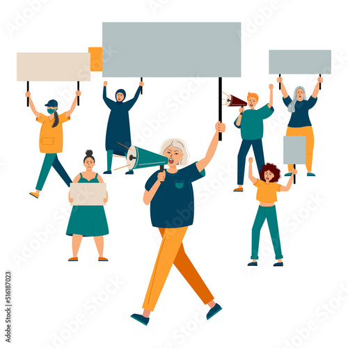 Women support protest. A young woman shouts through megaphones, supporting the protests against the backdrop of protesting disgruntled people. Protest of an aggressive person at a political meeting.