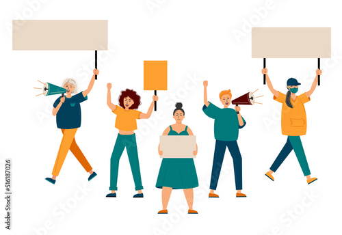 Group of women protesting and vindicating their rights holding banners, megaphones and placards. Female march for rights. Protest of an aggressive person at a political meeting, parade or rally. 