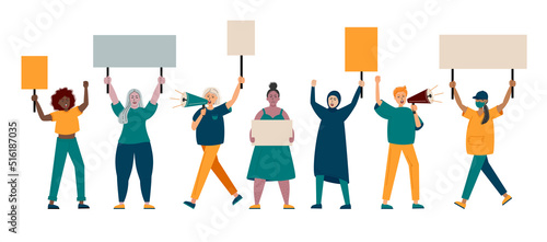 Women of different nationalities and cultures. Group of women protesting and vindicating their rights holding banners, megaphones and placards. Female march for rights. Woman power concept