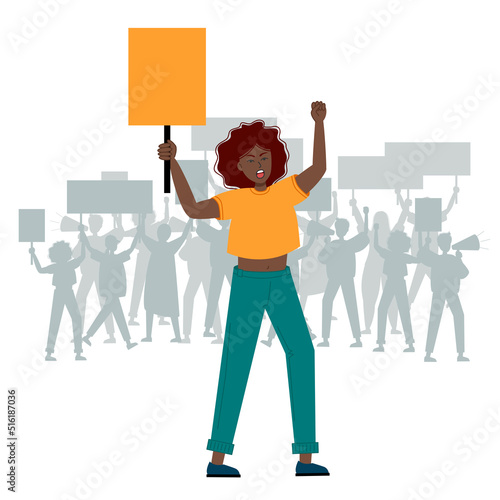 Women support protest. African American woman screaming with a placard in her hand, supporting the protests against the backdrop of protesting disgruntled people. 
