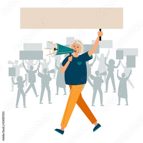 A young woman shouts through megaphones, supporting the protests against the backdrop of protesting disgruntled people. Protest of an aggressive person at a political meeting, parade or rally.