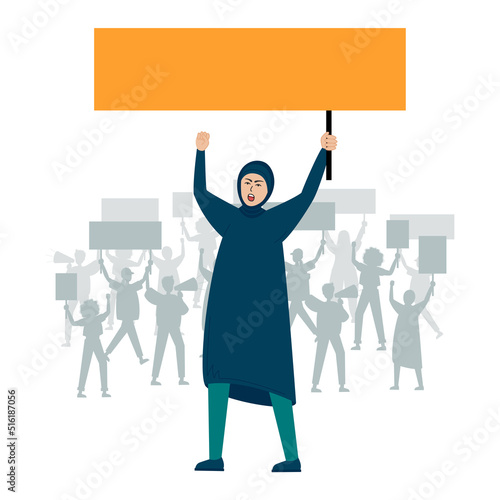 A Muslim woman screaming with a placard in her hand, supporting the protests against the backdrop of protesting disgruntled people. Flat design colorful illustration isolated on white. 