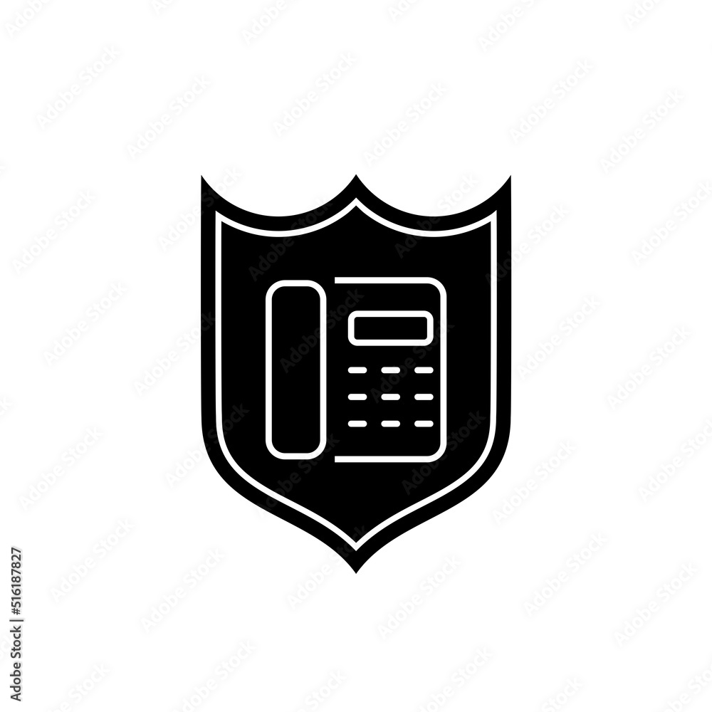 Old phone in black shield flat icon isolated on white background Old phone in black shield flat icon isolated on white background