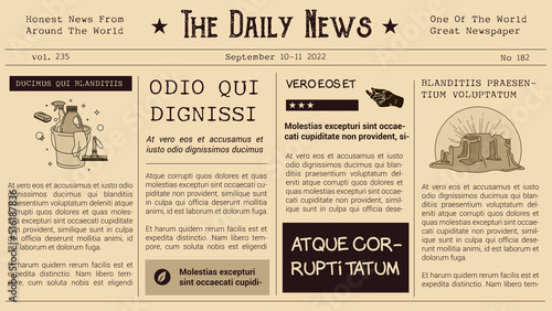 Old news paper page template. News articles newsprint magazine old design. Newspaper pages with vector illustrations. Paper retro journal. Vintage style.