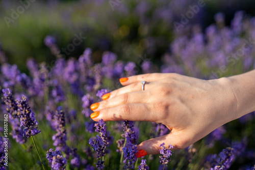 young woman hand manicure with ring  on the background of a purple lavender flower