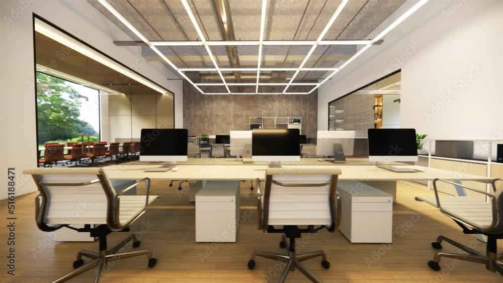 Interior Empty Modern Loft Office open space modern office footage.Modern open concept Lobby and reception area meeting room design.3d Rendering interior walk through. Interior Empty Modern Loft Office open space modern office footage.Modern open concept Lobby and reception area meeting room design.3d Rendering interior walk through.