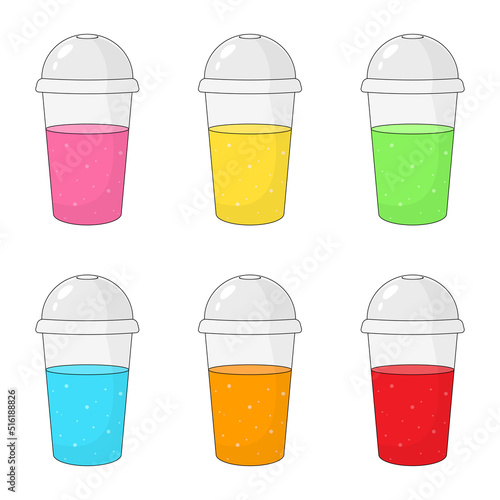 Colored fast food soda in plastic cup. Fast food drink.