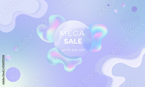 Holographic mega sale banner. Abstract fluid shapes with Glasmorphism style effect. Frosted glass effect. Blurry gradient for background, poster or flyer. Vector illustration.