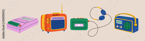 Set of retro music players, cassette recorder, headphones, vintage radio. Hand drawn vector illustration isolated on light background in modern flat cartoon style.