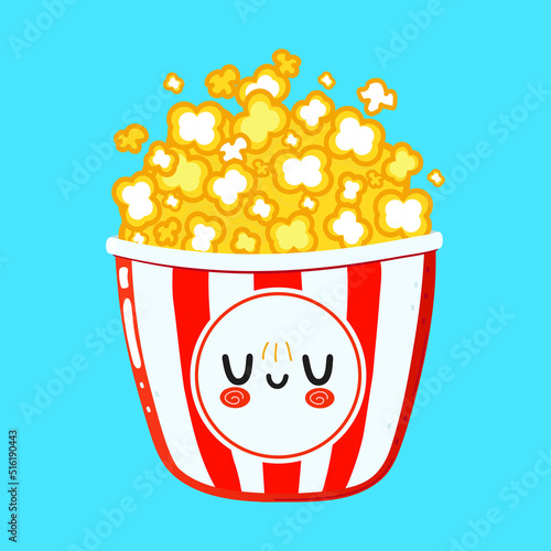 Cute funny popcorn character. Vector hand drawn cartoon kawaii character illustration icon. Isolated on blue background. Popcorn character concept