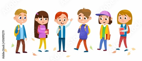 Set of happy kids going back to school with backpacks and books in the fall. A group of smiling schoolboys and schoolgirls characters, isolated on white background. Cartoon style vector illustration.