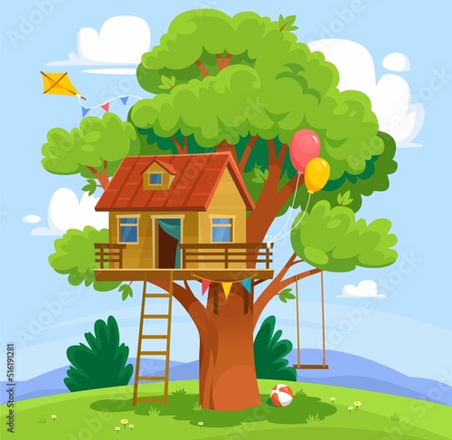 A treehouse in a park, family house or camp. Empty playground for children with a place on a tree, balloons, kite, swing, and ball. Summer outdoor activity. Cartoon style vector illustration.