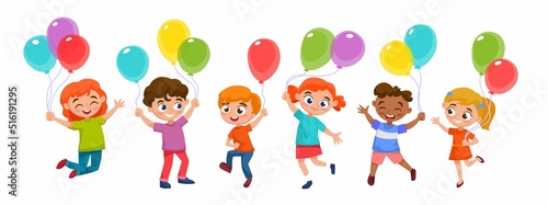 A happy group of kids with colorful balloons in their hands celebrating a birthday. Boys and girls are jumping and dancing at a party. Cartoon style vector illustration isolated on white background.