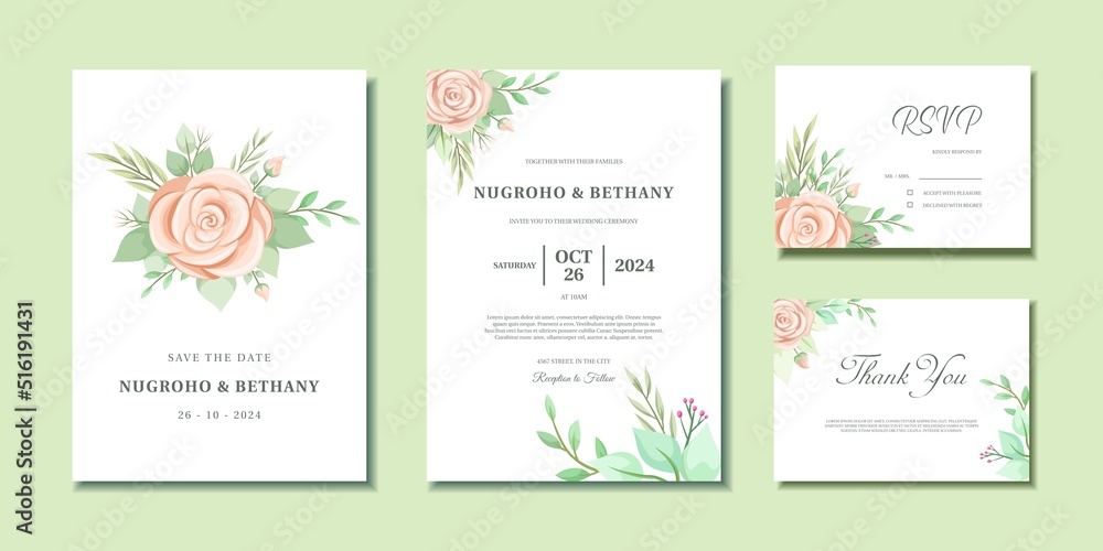 Floral Wedding invitation with beautiful pink rose bouquet and leaves. Wedding invitation, Thank you card and RSVP with rose flower bouquet