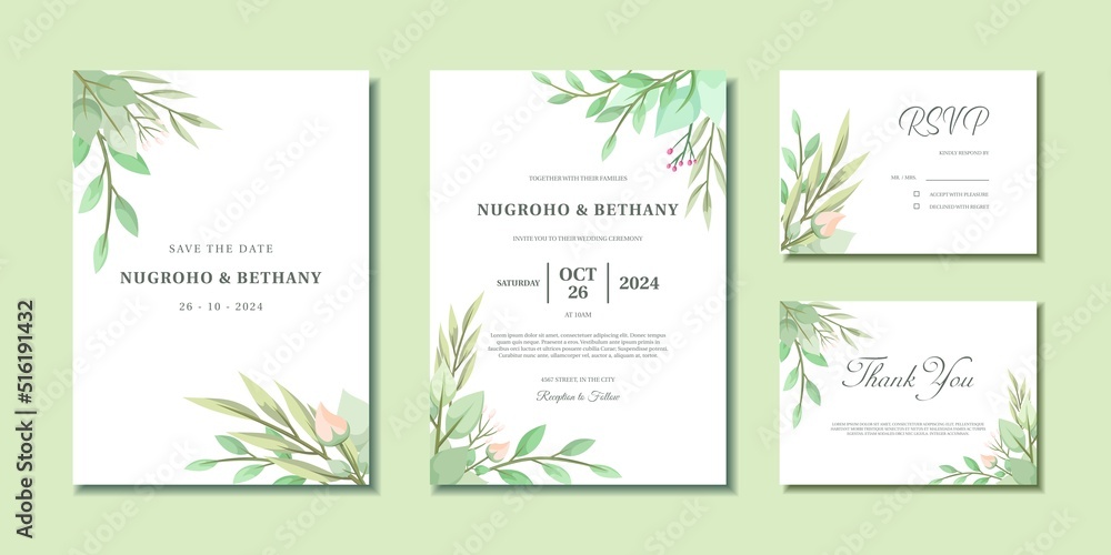 Wedding invitation card template with abstract floral leaves frame on white background. Wedding invitation, Thank you card and RSVP with rose flower bouquet