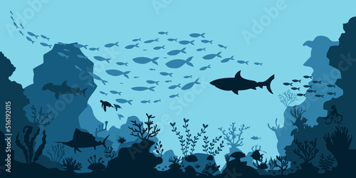 Fototapeta silhouette of coral reef with fish  on blue sea background underwater vector ill