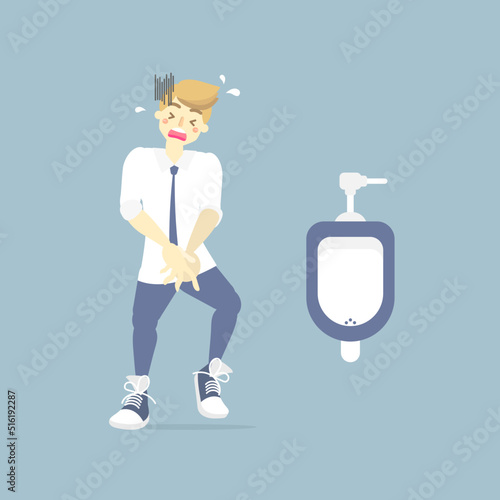 man needing to urinate and holding his pee, health care concept, health care, sanitation, incontinence concept, flat character design clip art vector illustration cartoon