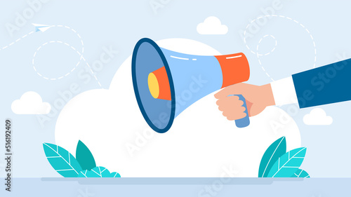 Loudspeaker. Cartoon human hand holding megaphone. Advertising through speakers. Banner for business, marketing and advertising. Social media marketing concept. Vector illustration flat design