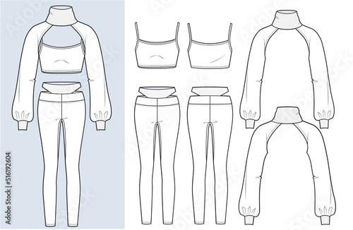 Girl's Leggings,cropped Sweatshirt, Tank Top design fashion flat sketch template. Sweatshirt with rib collar, Crop Tank Top, Leggings Pants fashion cad mockup set, front and back view, white.