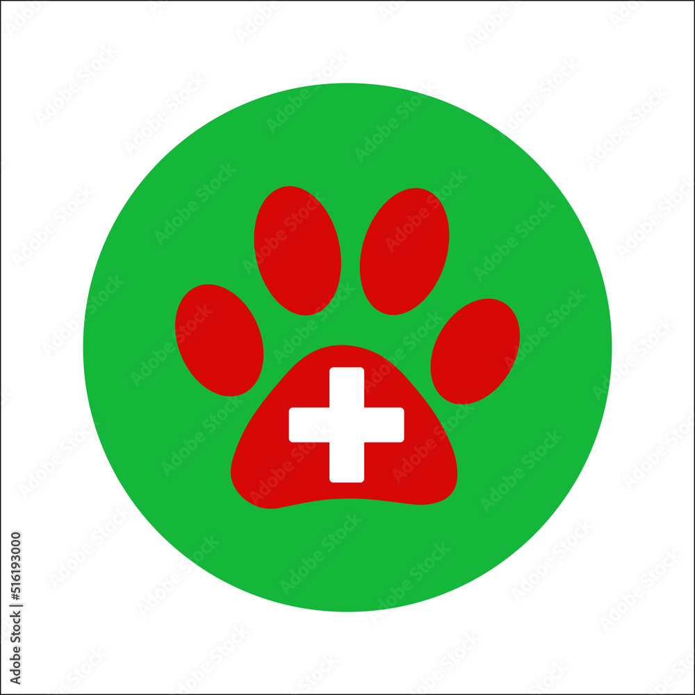 Obraz premium Veterinary clinic symbol paw print with veterinary cross in green circle icon. 