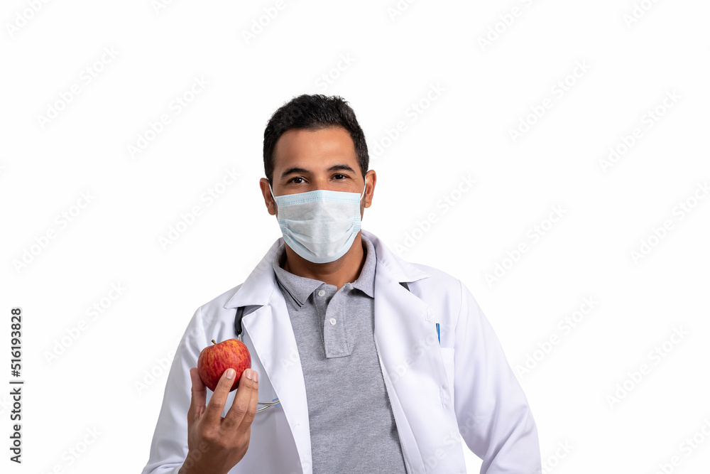 nutritionist, man holds apple,.smiling at the camera. healthy eating,.correct nutrition concept isolated on white background nutritionist, man holds apple,.smiling at the camera. healthy eating,.correct nutrition concept isolated on white background