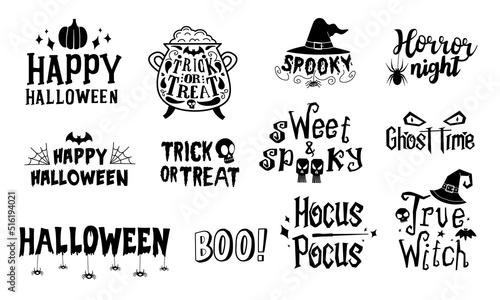 Set of handwritten Halloween phrases. Handwritten halloween text, trick or treat and happy helloween. Vector halloween illustration.