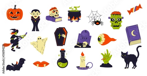 Cartoon set of halloween elements: a witch on a broomstick, bones, a pumpkin, a vampire, a ghost, a cauldron with a potion, a zombie. Halloween  Vector illustration.