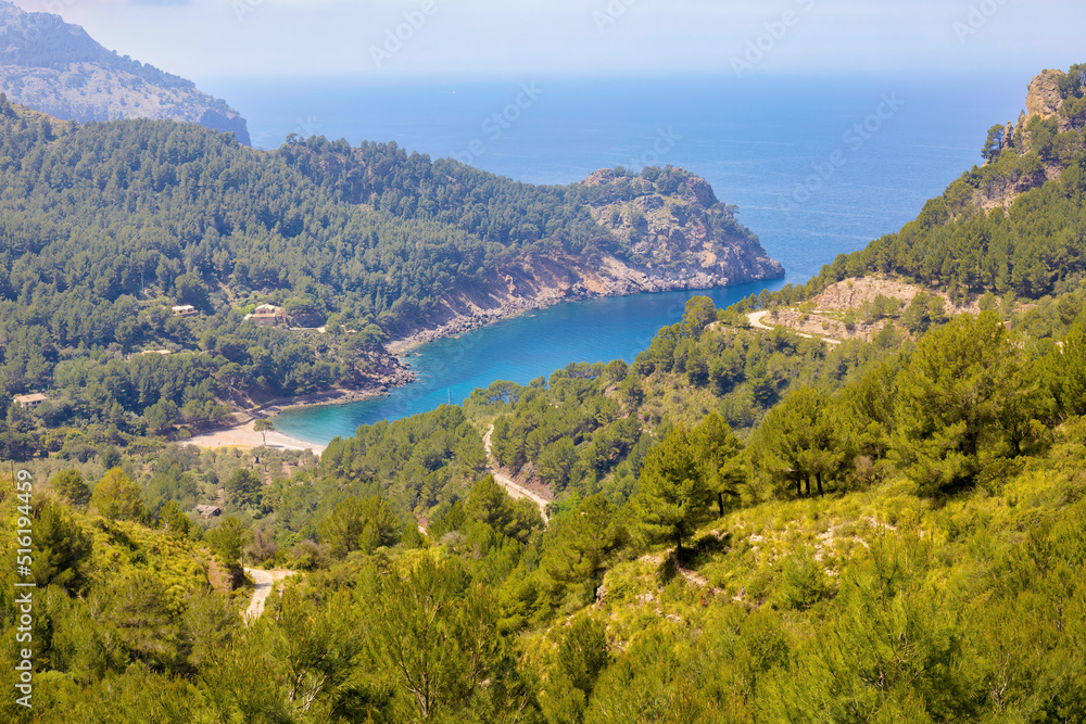 Panoramic aerial view of Cala Tuent from the viewpoint, Majorca Island, Balearic Islands, Spain