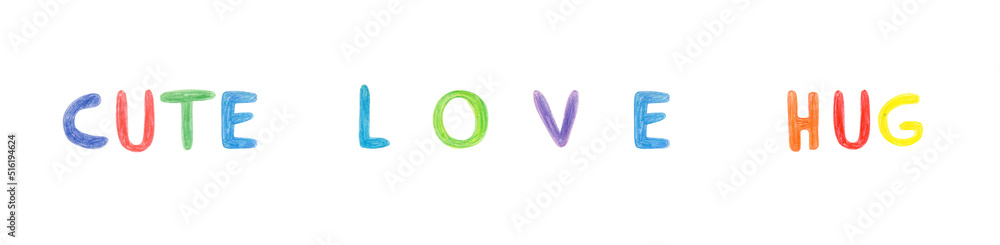 Hand drawn lettering isolated on white background. Handwritten message. CUTE. LOVE. HUG. Can be used as a print on t-shirts and bags, for cards, banner or poster. Hand drawn lettering isolated on white background. Handwritten message. CUTE. LOVE. HUG. Can be used as a print on t-shirts and bags, for cards, banner or poster.