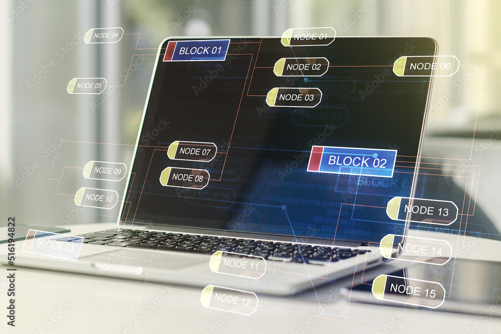 Double exposure of abstract creative programming illustration on computer background, big data and blockchain concept Double exposure of abstract creative programming illustration on computer background, big data and blockchain concept