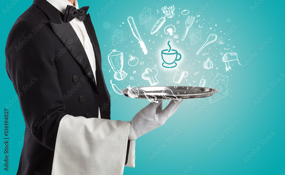 Waiter holding silver tray with food icons above Waiter holding silver tray with food icons above