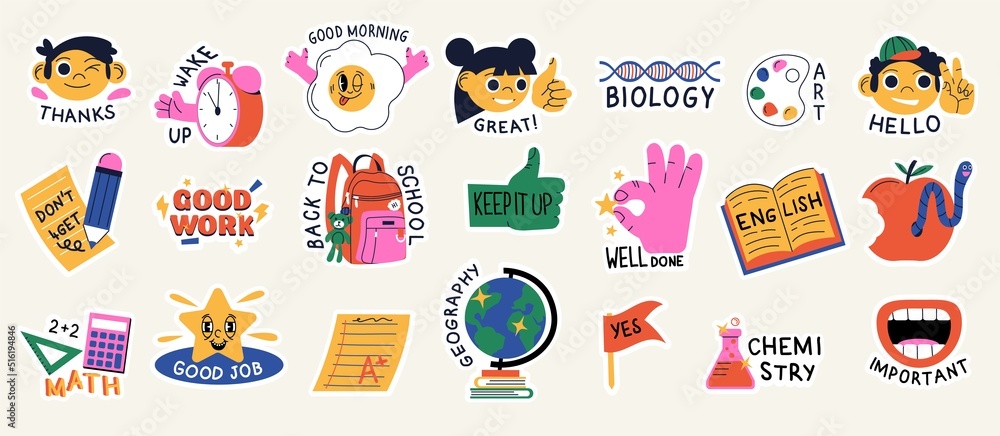 Collection of school stickers for study and daily routine. School day planning stickers with trendy lettering and elements. Back to school sticker pack vector set. - obrazy, fototapety, plakaty 
