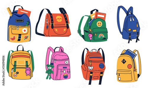 Set of school backpacks and bags. Children's school bag with educational equipment, books, toys, pens.  Colorful backpacks for kids and students.