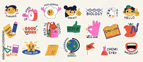 Collection of school stickers for study and daily routine. School day planning stickers with trendy lettering and elements. Back to school sticker pack vector set.