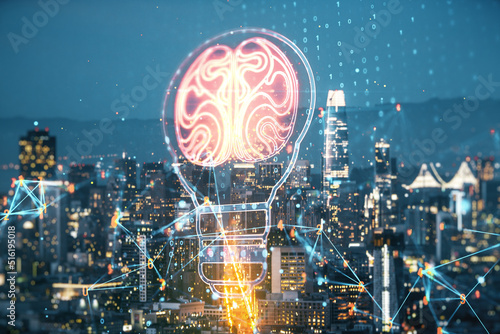 Double exposure of abstract virtual creative light bulb hologram with human brain on San Francisco city skyscrapers background, idea and brainstorming concept
