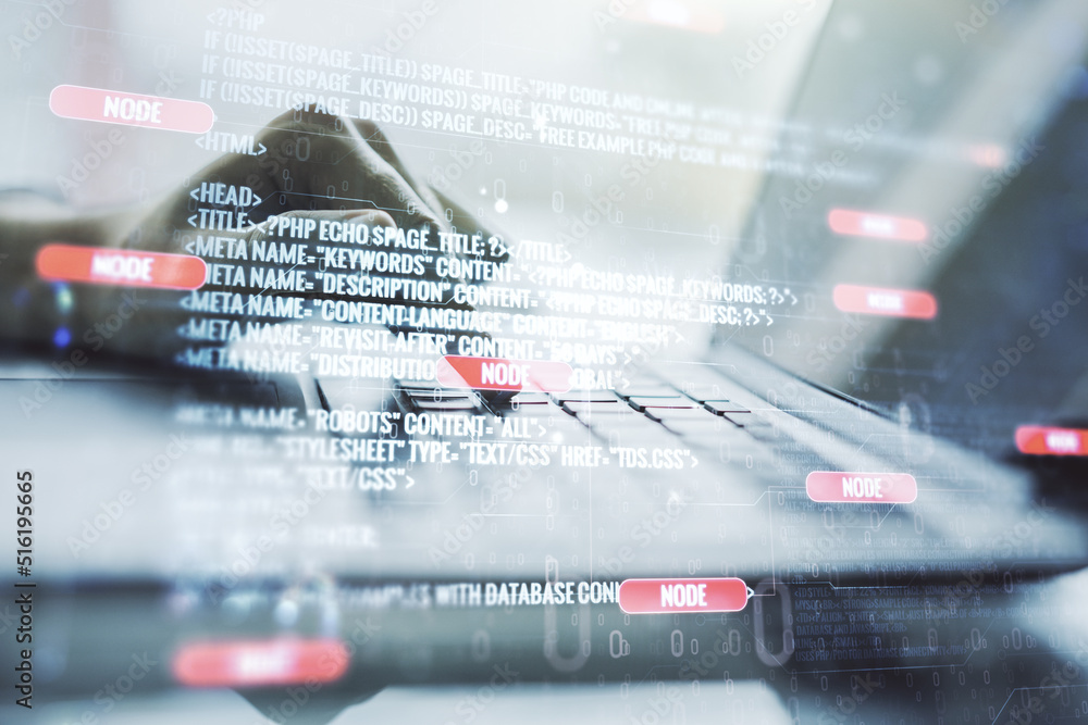 Abstract creative coding concept with hands typing on laptop on background. Multiexposure Abstract creative coding concept with hands typing on laptop on background. Multiexposure