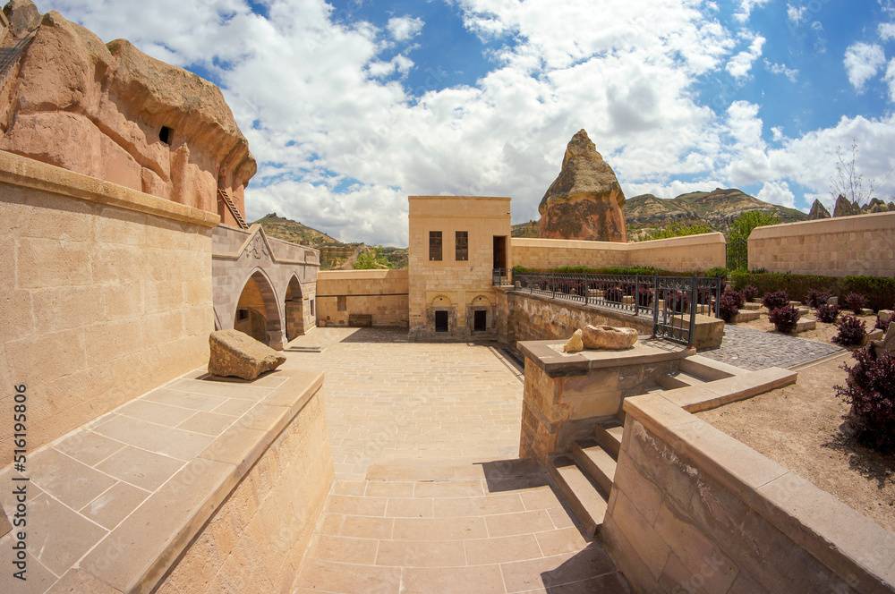 Courtyard of Orthodox Church and Monastery of St Nicholas in Mustafapaşa (also known as Sinasos) in Urgup, Nevsehir, Turkey. Located in Monastery Valley Open Air Museum. 