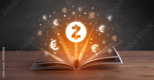 Open book with currency icons above