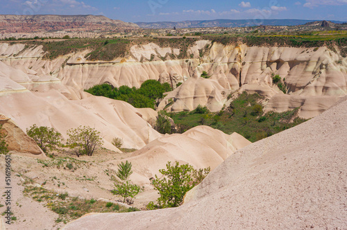 Top view of beautiful landscape of Cappadocia nature, rocks and hills, Nevsehir, Turkey.