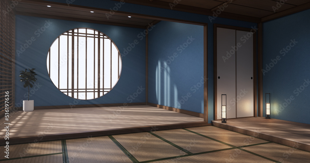 Obraz premium Circle shelf wall design, blue empty room japanese deisgn, tatami mat floor. 3D rendering