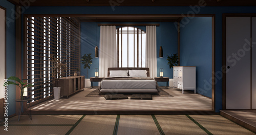 Bedroom japanese minimal style.,Modern blue wall and tatami mat floor, room minimalist. 3D rendering