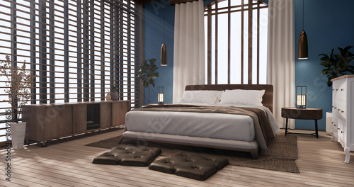 Bedroom japanese minimal style.,Modern blue wall and tatami mat floor, room minimalist. 3D rendering