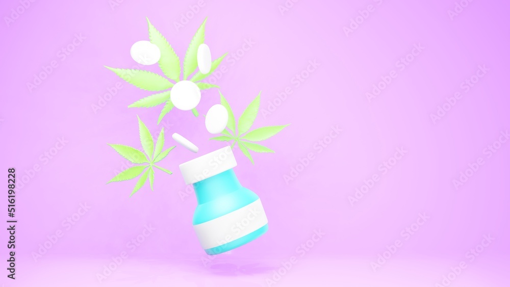 Pills and cannabis leaves, 3D Rendering, 3D Illustration Pills and cannabis leaves, 3D Rendering, 3D Illustration